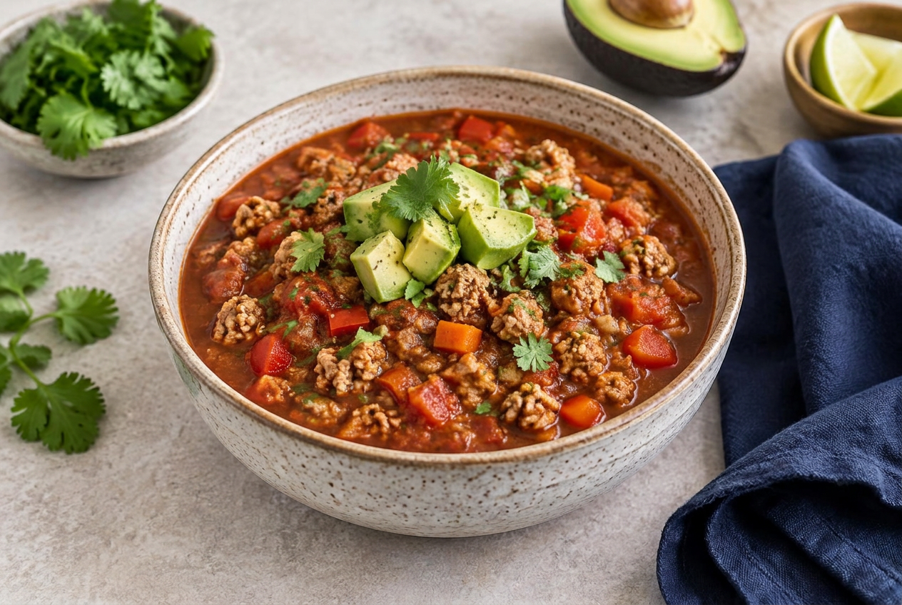 A bowl of fall turkey chili with peppers, cilantro, and avocado