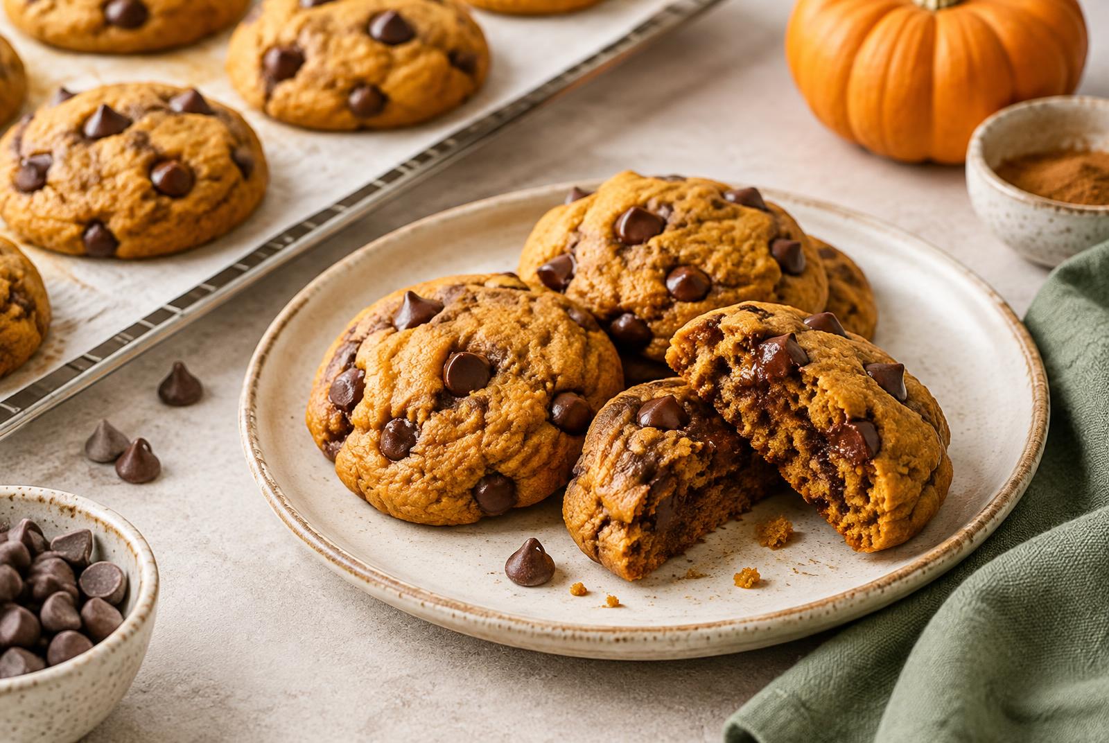 Freshly baked gluten free pumpkin chocolate chip cookies on a ceramic plate