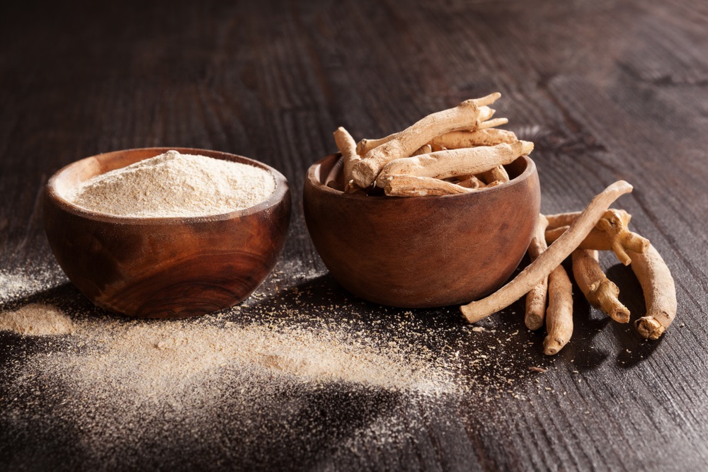 Ashwagandha powder and roots in wooden cups on black background. Superfood, adaptogen, nutritional supplement.