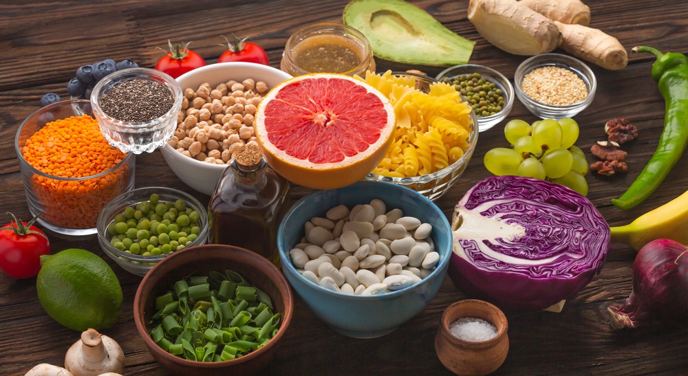  Great set of healthy products on a wooden table. best vitamins for beautiful skin. Products with vitamins. 